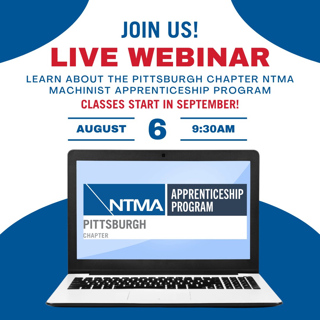 Curious about building your future manufacturing workforce?

Join the Pittsburgh Chapter NTMA for an upcoming webinar on our Apprenticeship Program
Register here: events.teams.microsoft.com/event/3b3b6874…

Invest in your people. Strengthen your company. The future of manufacturing starts here.