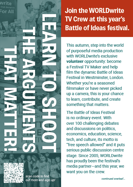 WORLDbytes (@worldbytes) on Twitter photo We'd love to have you join our crew to shoot the Battle of Ideas Festival 2025 - Free camera training/local travel expenses/lunches & full festival pass provided see worldwrite.org.uk/volunteering/ <a href="/UEL_News/">Uni of East London</a> <a href="/TheUnionUCL/">Students' Union UCL</a> <a href="/QMUL/">Queen Mary University of London</a> <a href="/OxfordStudents/">Oxford SU</a> We'd love to have you join our crew to shoot the Battle of Ideas Festival 2025 - Free camera training/local travel expenses/lunches & full festival pass provided see worldwrite.org.uk/volunteering/ <a href="/UEL_News/">Uni of East London</a> <a href="/TheUnionUCL/">Students' Union UCL</a> <a href="/QMUL/">Queen Mary University of London</a> <a href="/OxfordStudents/">Oxford SU</a>
