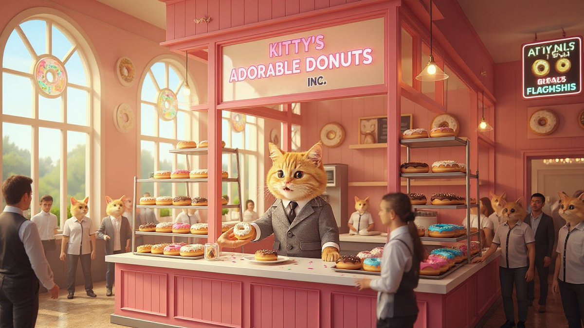 HorusAI21's tweet image. Kitty made it after all his sponsorships; he finally opened up his own. Donut Empire thanks to @LTXStudio for the great photo. #aiart #ailogodesign #artificialintelligencedesign #creativeai #aiartist #digitalarts #generativeart #machinelearningartwork