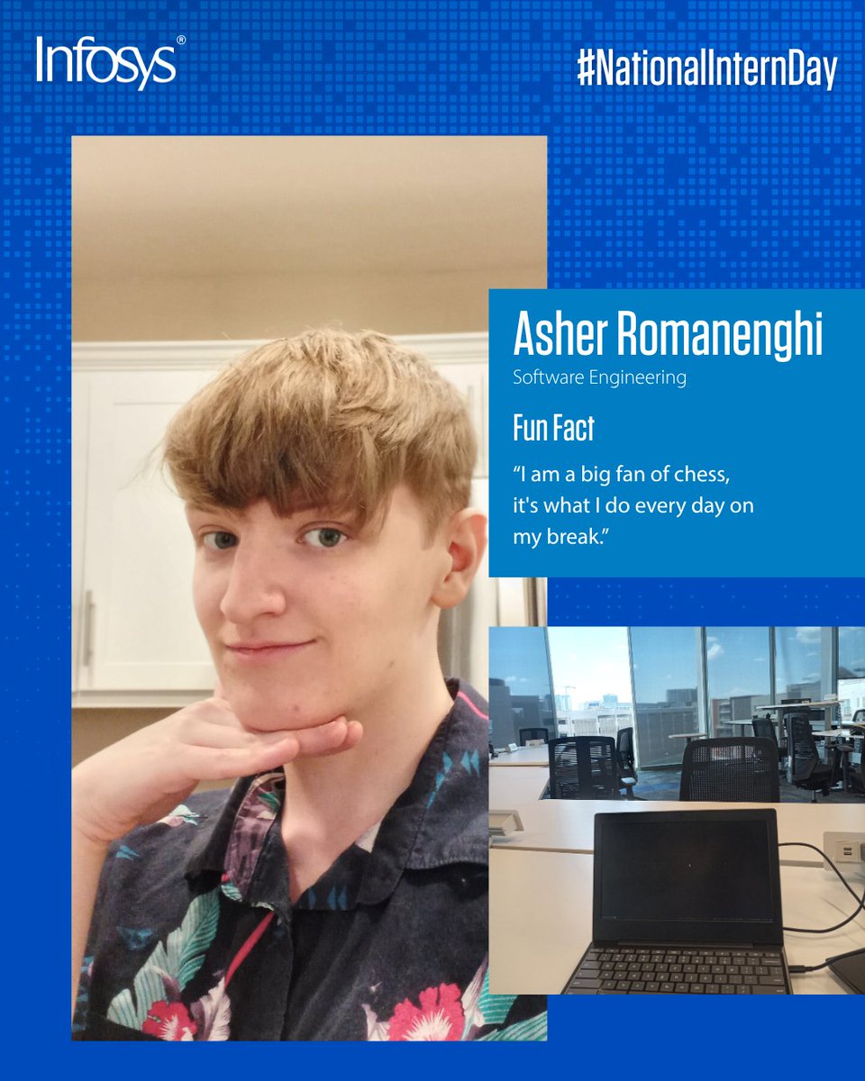 We're celebrating our incredible Infoscion interns all week! 🎉 Meet Asher Romanenghi, who is developing his software engineering skills by working in a professional environment with senior engineers here at Infosys Americas. 

This summer, Asher has spent his time working with