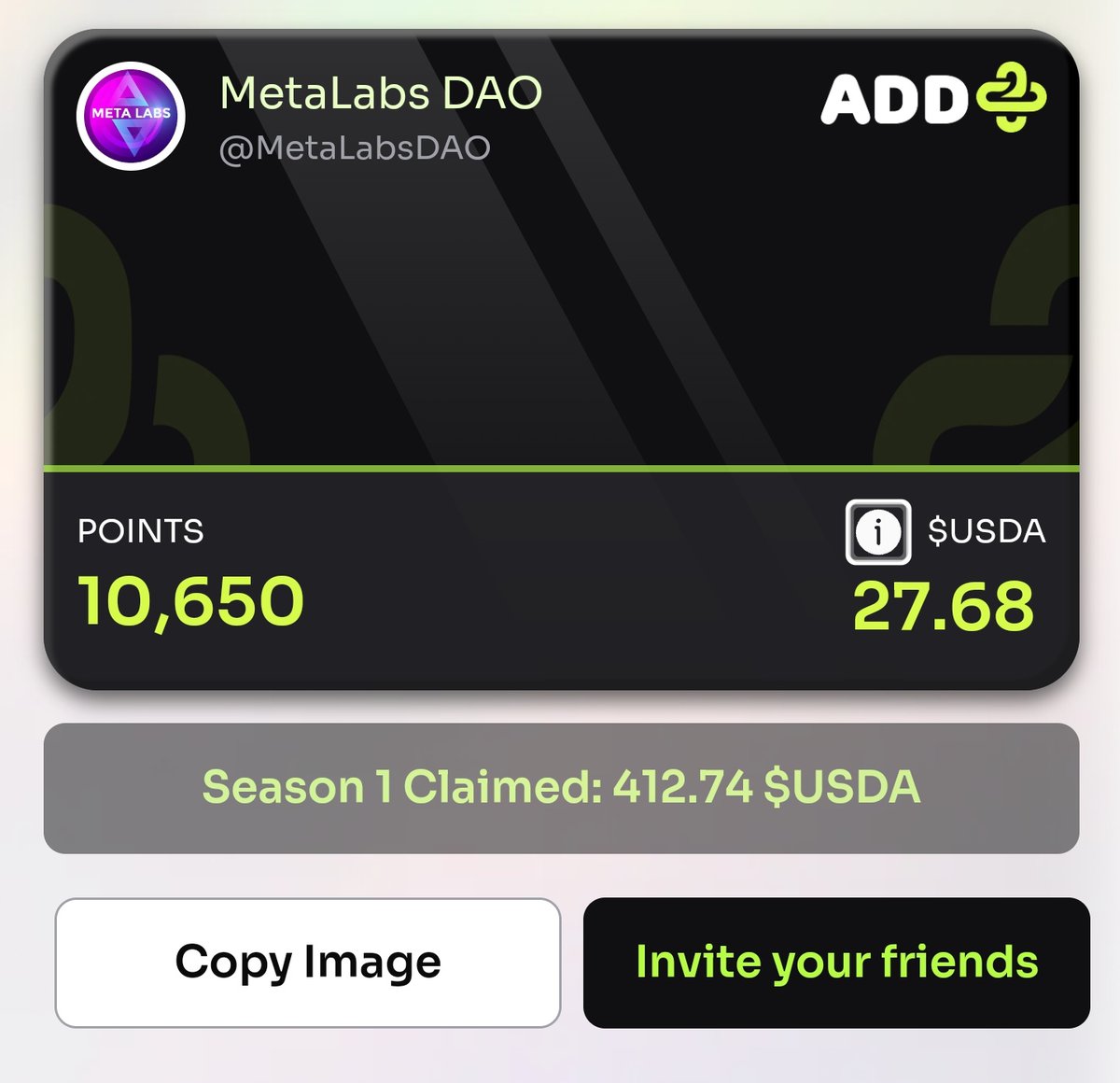 MetaLabsDAO's tweet image. WOW😍 Just Claim $412+ $USDA of S1 Rewards from @add_infofi 

S2 is Live now, you can earn $USDA just For Doing Some Little Tasks and Tweeting

Join Link: addplus.org/boost/MetaLabs…

•Connect X account

•Post, share, invite friends

•Verified data = real rewards

•Payouts are…