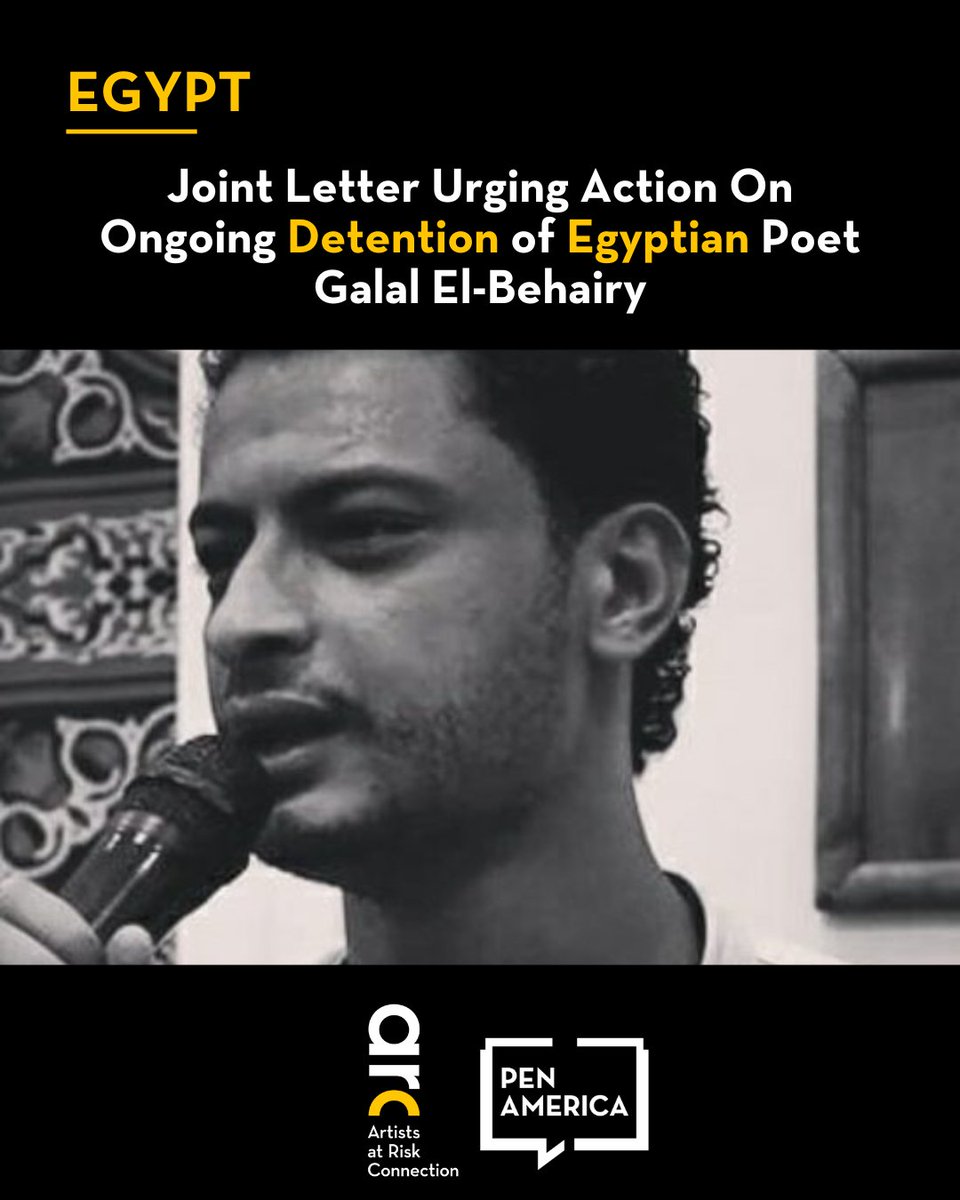 ARC (Artists at Risk Connection) (@atriskartists) on Twitter photo Egyptian poet Galal El-Behairy should have been released from prison 4 years ago today. He has now spent over 7 years behind bars. Read our joint letter: artistsatriskconnection.org/statement/join…
<a href="/PENamerica/">PEN America</a> <a href="/pen_int/">PEN International</a> <a href="/PENCanada/">pencanada</a> <a href="/freedomhouse/">Freedom House</a> <a href="/MENA_Rights/">MENA Rights Group | منّا لحقوق الإنسان</a> <a href="/HuMENAorg/">HuMENA for Human Rights and Civic Engagement</a> #FreeGalal Egyptian poet Galal El-Behairy should have been released from prison 4 years ago today. He has now spent over 7 years behind bars. Read our joint letter: artistsatriskconnection.org/statement/join…
<a href="/PENamerica/">PEN America</a> <a href="/pen_int/">PEN International</a> <a href="/PENCanada/">pencanada</a> <a href="/freedomhouse/">Freedom House</a> <a href="/MENA_Rights/">MENA Rights Group | منّا لحقوق الإنسان</a> <a href="/HuMENAorg/">HuMENA for Human Rights and Civic Engagement</a> #FreeGalal