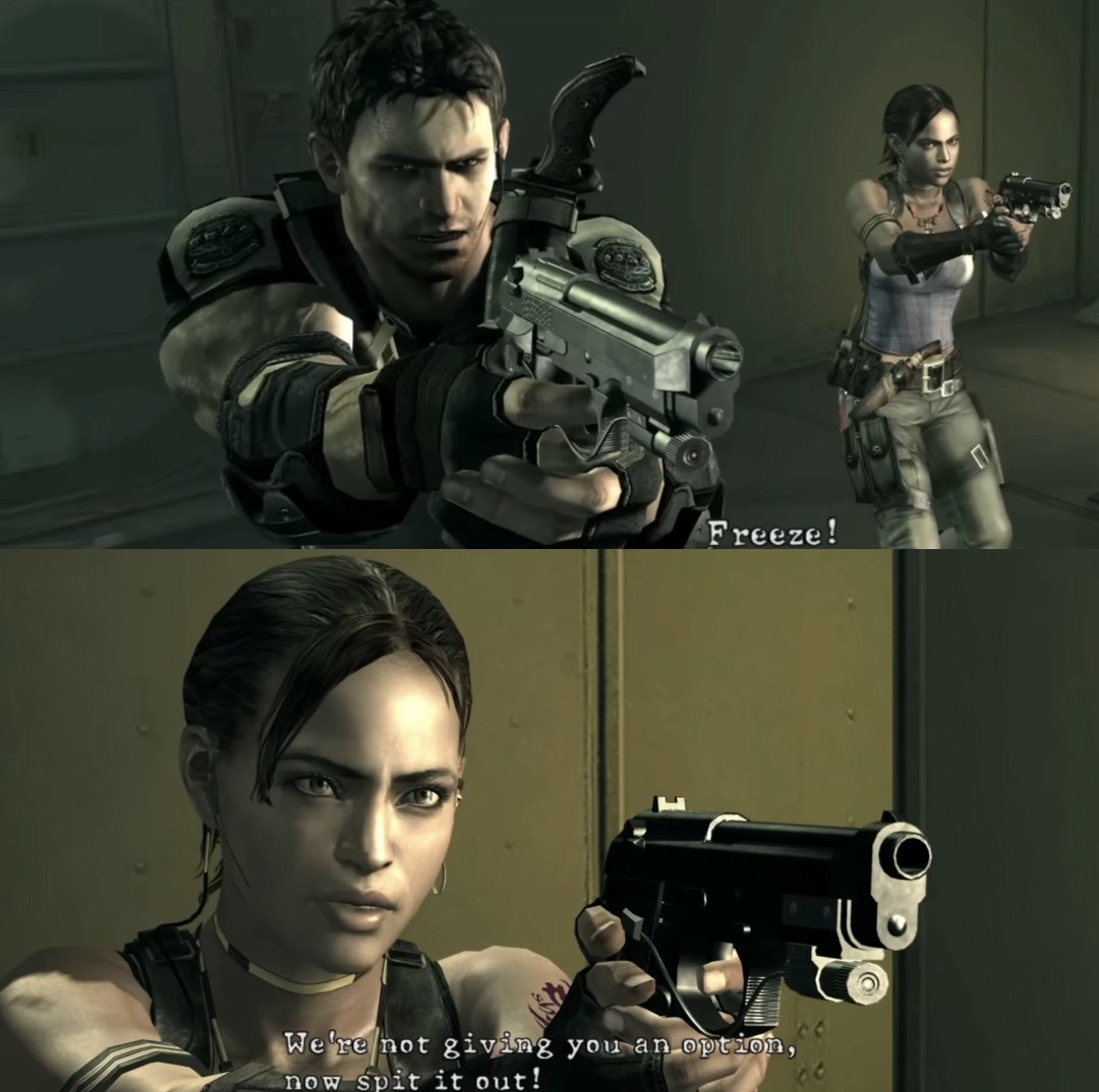 There’s a well-thought detail when Jill attacks Chris and Sheva. They both keep their fingers off the trigger to avoid hurting her or each other. While they do the opposite when they corner Excella later on, their fingers are seen clearly wrapped around it. #REBHFun