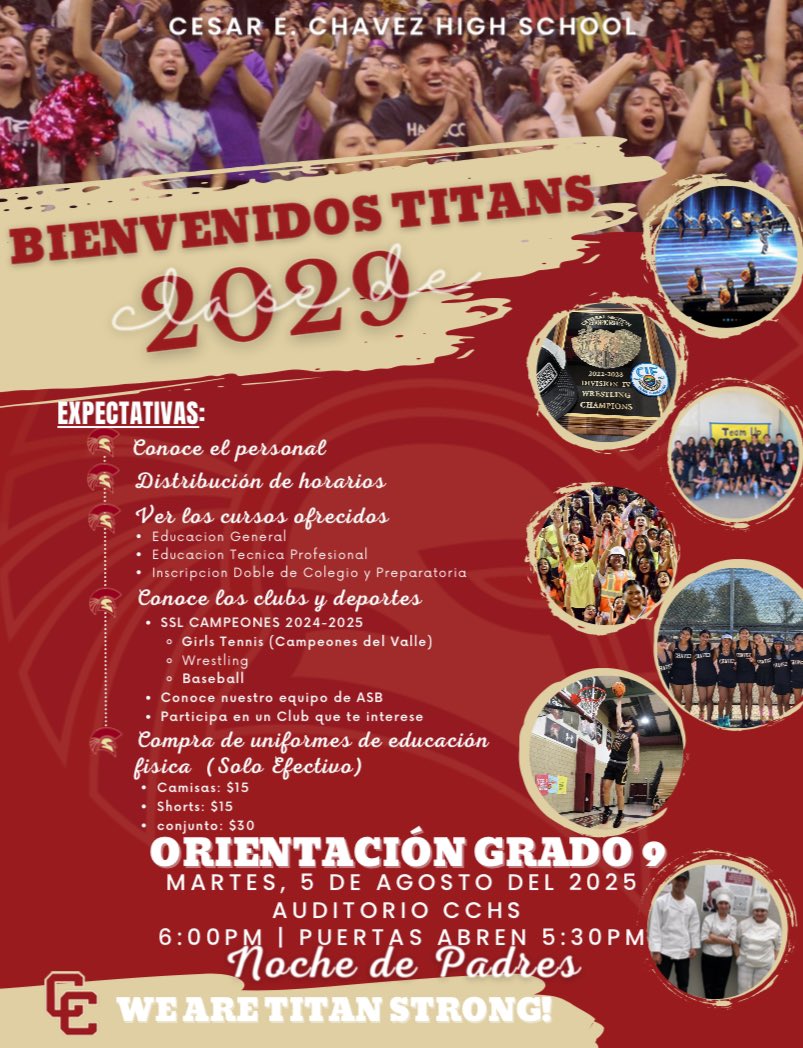 👋 Hey Class of 2029!
Your high school journey starts Tuesday, August 5, from 6–8 PM at Freshman Orientation 🎉 We’re excited to meet our incoming Titan parents and students!  Auditorium doors open at 5:30 PM.
