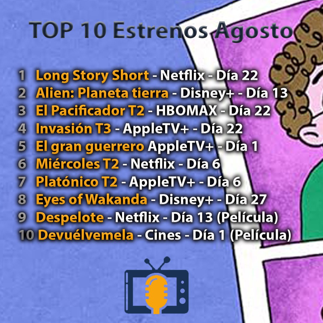 📺Top Estrenos Agosto 2025

1 Long Story Short
2 Alien: Planeta tierra
3 El Pacificador T2
4 Invasión T3
5 El gran guerrero
6 Miércoles T2
7 Platónico T2
8 Eyes of Wakanda
9 Despelote (Película)
10 Devuélvemela (Película)

#topseries #seriesagosto