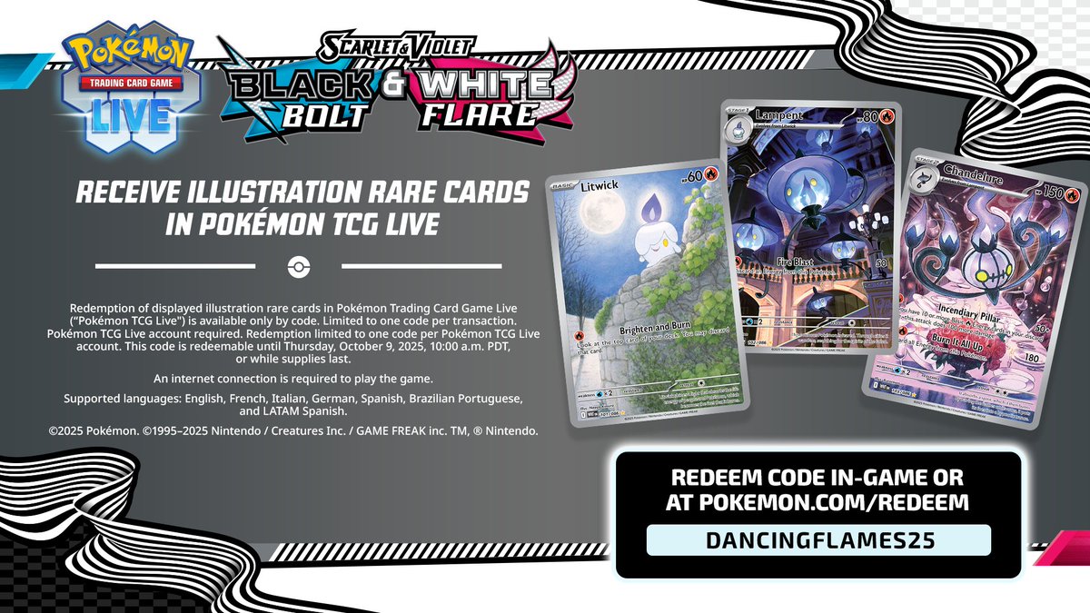 We've got another redemption passcode for you, but be careful not to get drawn in by any ominous looking flames 🔥

Code: DANCINGFLAMES25

Redeem in Pokémon TCG Live for illustration rare cards featuring Litwick, Lampent, and Chandelure!