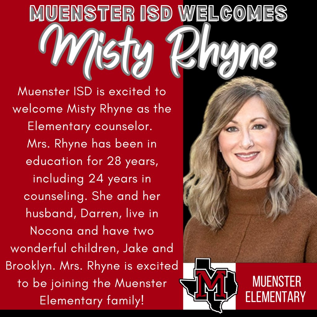 Please join us in welcoming Misty Rhyne as the Muenster Elementary Counselor!

#GreatThingsatMISD 
#misdtraditionofsuccess