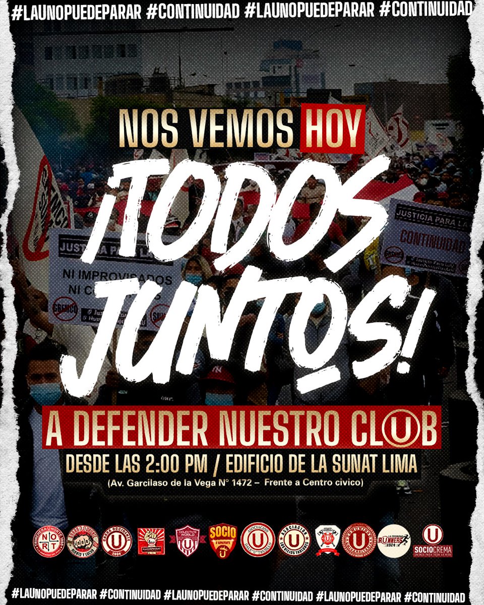 🔥 ¡EL PUEBLO CREMA SE LEVANTA! 
<a href="/SUNATOficial/">SUNAT</a>
Convocamos a toda la hinchada, socios, adherentes y al hincha y pueblo de <a href="/Universitario/">Universitario</a>:

📢 ¡GRAN MARCHA EN DEFENSA DEL CLUB!

📍Punto de concentración: EDIFICIO SUNAT
🕘 Hora: 2PM
📅 Fecha: Hoy 01 Agosto

¡UNIVERSITARIO SE RESPETA