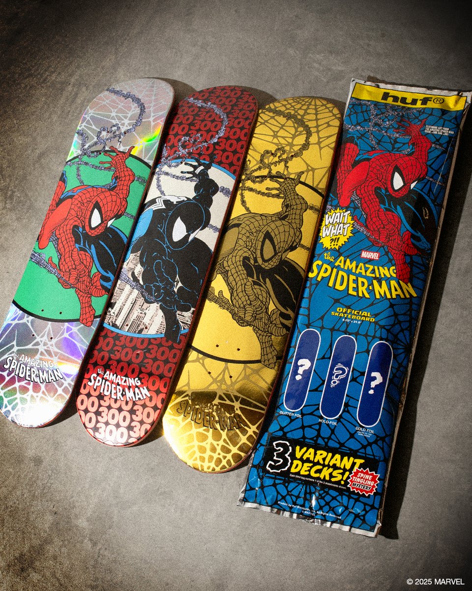BillionCreation's tweet photo. The HUF x Spider-Man 300th Issue Collection just dropped — including mystery blind bag decks and tees that go hard like a last-page plot twist. 🕷️

#HUF #SpiderMan #Marvel #AmazingSpiderMan #Issue300 #BlindBag #Skateboarding #Streetwear #NewDrop #Collector https://t.co/wBzMsvj8vl