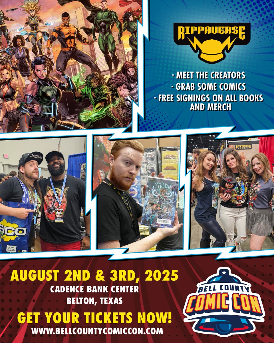 TheRippaverse's tweet photo. The Rippaverse and @Iconic_Comics will be under the same roof for the FIRST TIME this weekend! Come hang out with us at 🔔 @BellComicCon, this Saturday and Sunday, August 2nd and 3rd, including a special after-party Saturday night! #Rippaverse #IconicComics #BellCountyComicCon
🎟️ Get your tickets now 👇
https://t.co/XjwWWoAgKr