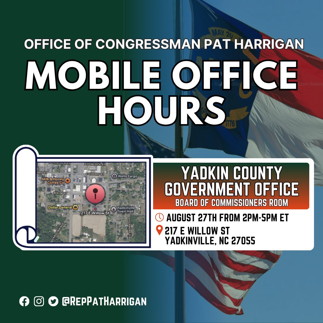 Need help with a federal agency or have questions for our office?

Team Harrigan will be in Yadkinville for Mobile Office Hours on August 27. Stop by for help with Social Security, VA claims, passport renewals, and more.