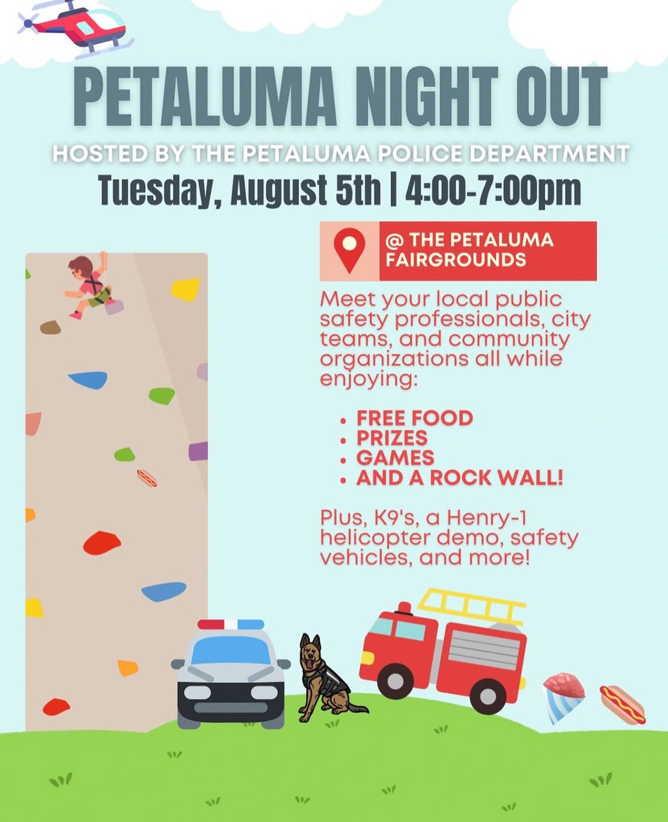 Halter Project (@halterproject) on Twitter photo Join the <a href="/petaluma_police/">Petaluma Police Dept</a> Aug 5th from 4-7pm at the Petaluma Fairgrounds & meet your local first responders while enjoying free food, prizes, & a rock wall! Tour emergency vehicles, hang with some K9’s, watch a Henry-1 demonstration & enjoy numerous activities! Join the <a href="/petaluma_police/">Petaluma Police Dept</a> Aug 5th from 4-7pm at the Petaluma Fairgrounds & meet your local first responders while enjoying free food, prizes, & a rock wall! Tour emergency vehicles, hang with some K9’s, watch a Henry-1 demonstration & enjoy numerous activities!