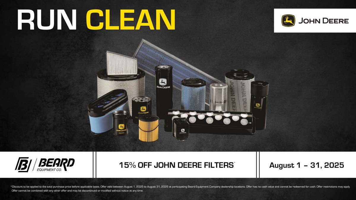 BeardEquip's tweet photo. Keep it clean, keep it running. Save 15% off retail price on John Deere filters this August at Beard Equipment Company! #RunClean #JohnDeere #BeardEquipment https://t.co/lJdsBOLk2a