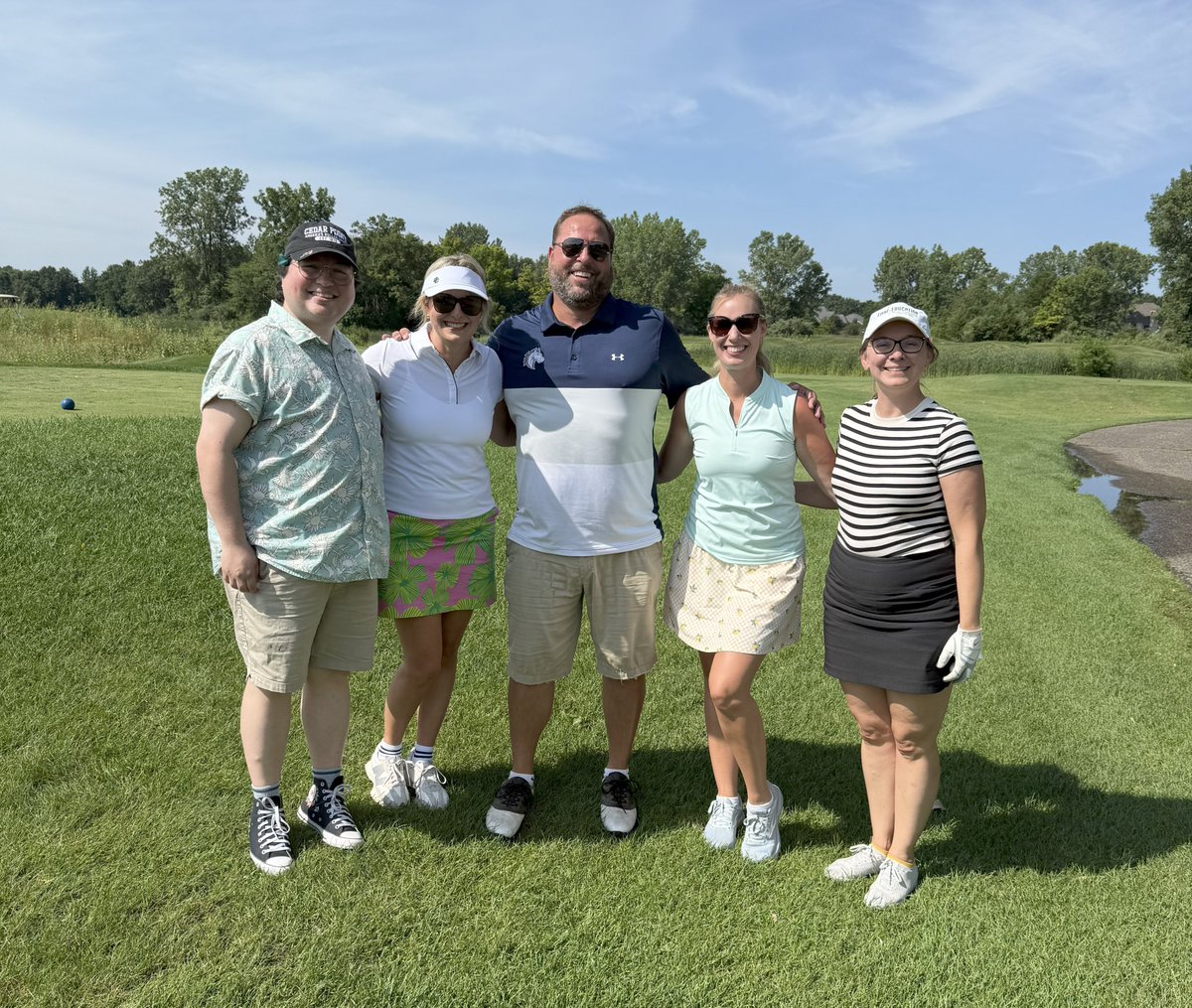 On Tuesday, #Michigan/Regional Teachers of the Year (MTOY/RTOY) attended <a href="/Meemic/">Meemic</a>'s 9th Annual FORE! Education Golf Outing. Left to right are: Owen Bondono (20-21 MTOY), Sarah Kresnak (25-26 RTOY), Corey Rosser (25-26 MTOY), Becky Manore (25-26 RTOY), and Leah Porter (21-22 MTOY).