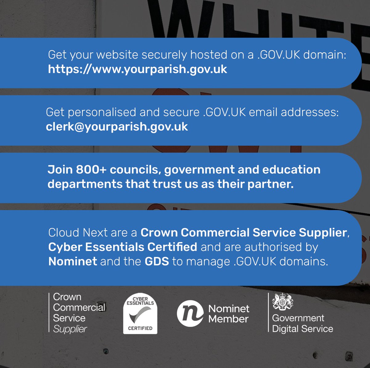 cloudnext's tweet photo. NEW: Eligible Parish &amp; Town Councils get the first year FREE. Any email/hosting package AND a .GOV.UK domain free for the first year (worth up to £200 + VAT). Learn more at https://t.co/AL30iywZLd https://t.co/HWSCoRXV4g