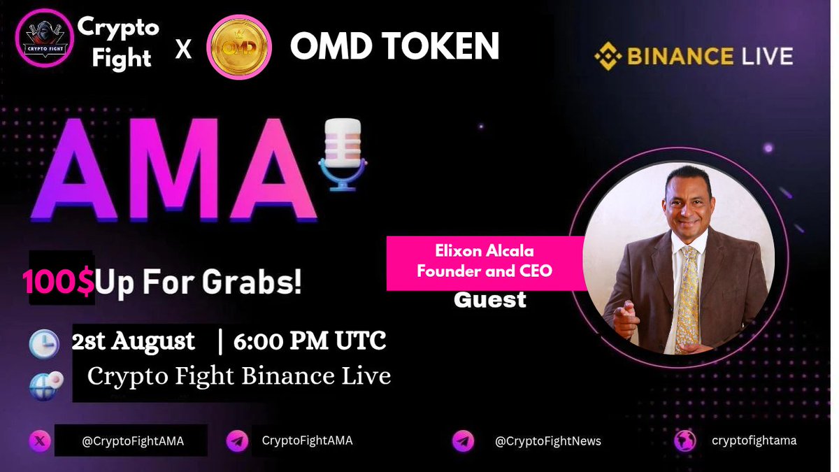 📢 We're thrilled to announce our next #BinanceLive #AMA with " OMD TOKEN" on 2st August , at 6:00PM UTC

🏦Venue: binance.com/en/live/u/5164…

🏆 Reward: 100$

〽️ Rules:
1️⃣. Follow
@Cryotofightcomm
&amp; 
<a href="/TokenOMD/">TokenOMD</a>

2️⃣. Like Retweet &amp; Comment Your Questions