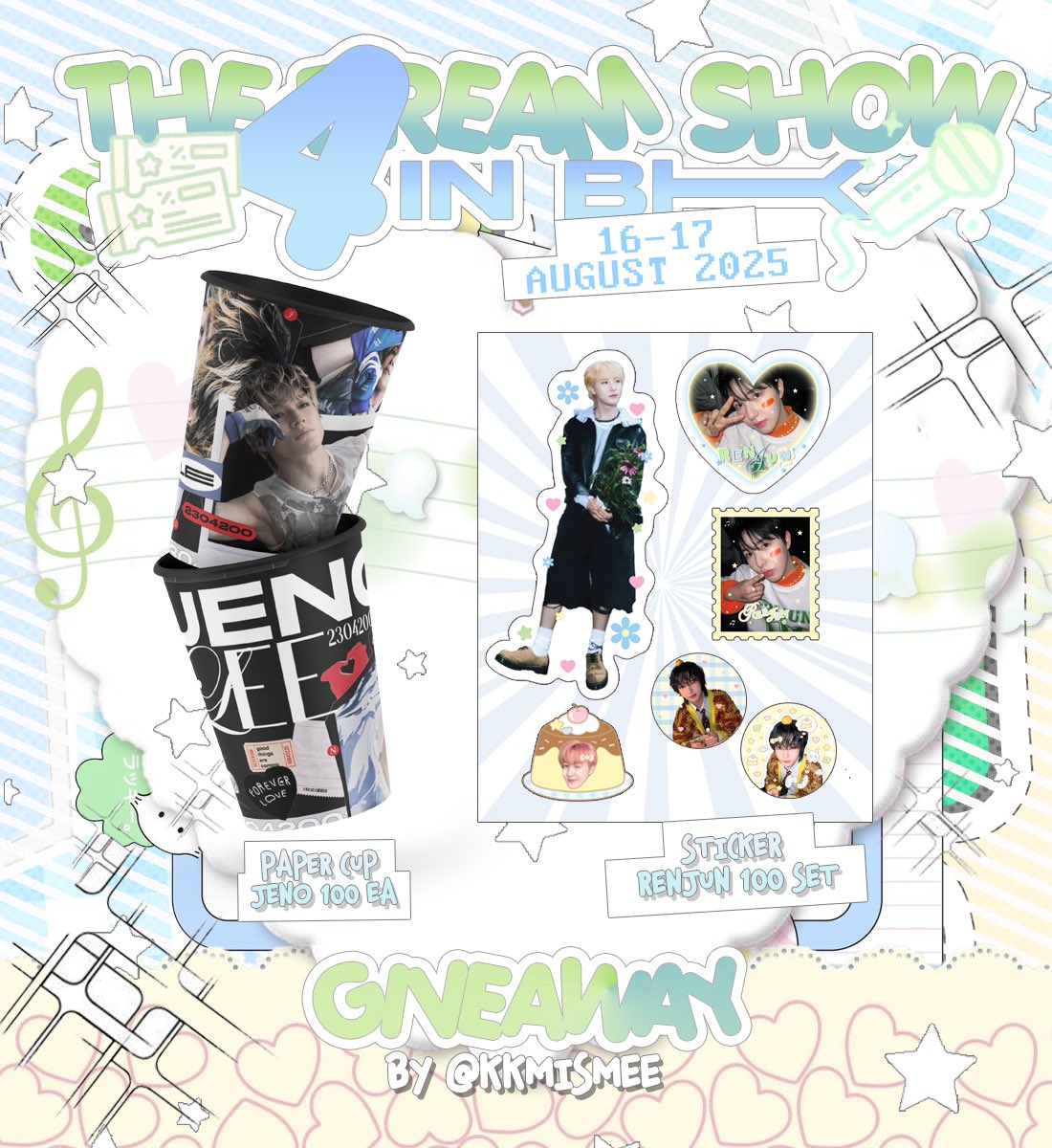 kkmismee's tweet photo. pls kindly rt
𓆩⟡ giveaway ⟡𓆪

ꕤ sticker RENJUN 100 set
ꕤ paper cup JENO 100 ea 

𝓭ate : 16-17 Aug 2025
𝓵ocation : Rajamangala Stadium

#THEDREAMSHOW4_in_BKK https://t.co/iq46SmunwV