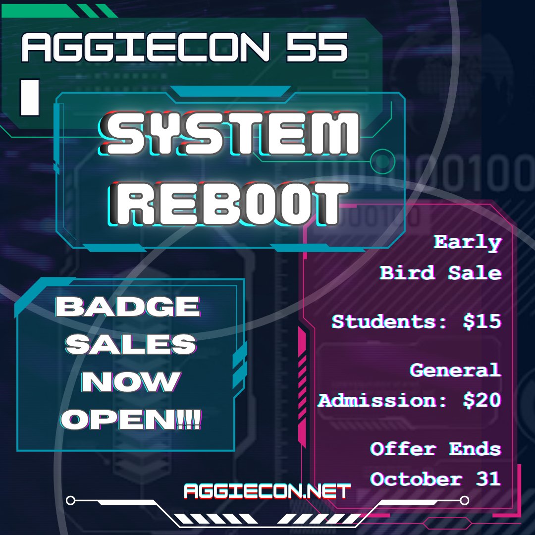 Aggie_Con's tweet photo. [ SYSTEM REBOOT IN PROGRESS ]
>
>  Installing AggieConOS
>  Finding "Badges"
>
[ "BADGES" FOUND ]
[ WARNING: "Badges" corrupted ]
[ WARNING: Profits will be lost ]
>
[ SYSTEM MAINTENANCE scheduled for OCTOBER 31 ]

Early Bird Badge Sales now available on https://t.co/MUHJHdzfSK! https://t.co/A3P82ExbQ7