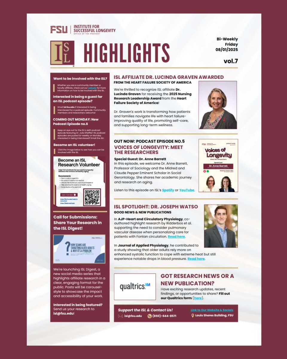 📬 ISL Bi-Weekly Newsletter | Volume 7

Catch up on the latest from the Institute for Successful Longevity!

🔗 Tap the link in bio to explore the full newsletter and learn how to get involved!

#ISLFSU #HealthyAging #LongevityResearch #FSUResearch #HeartHealth #Gerontology