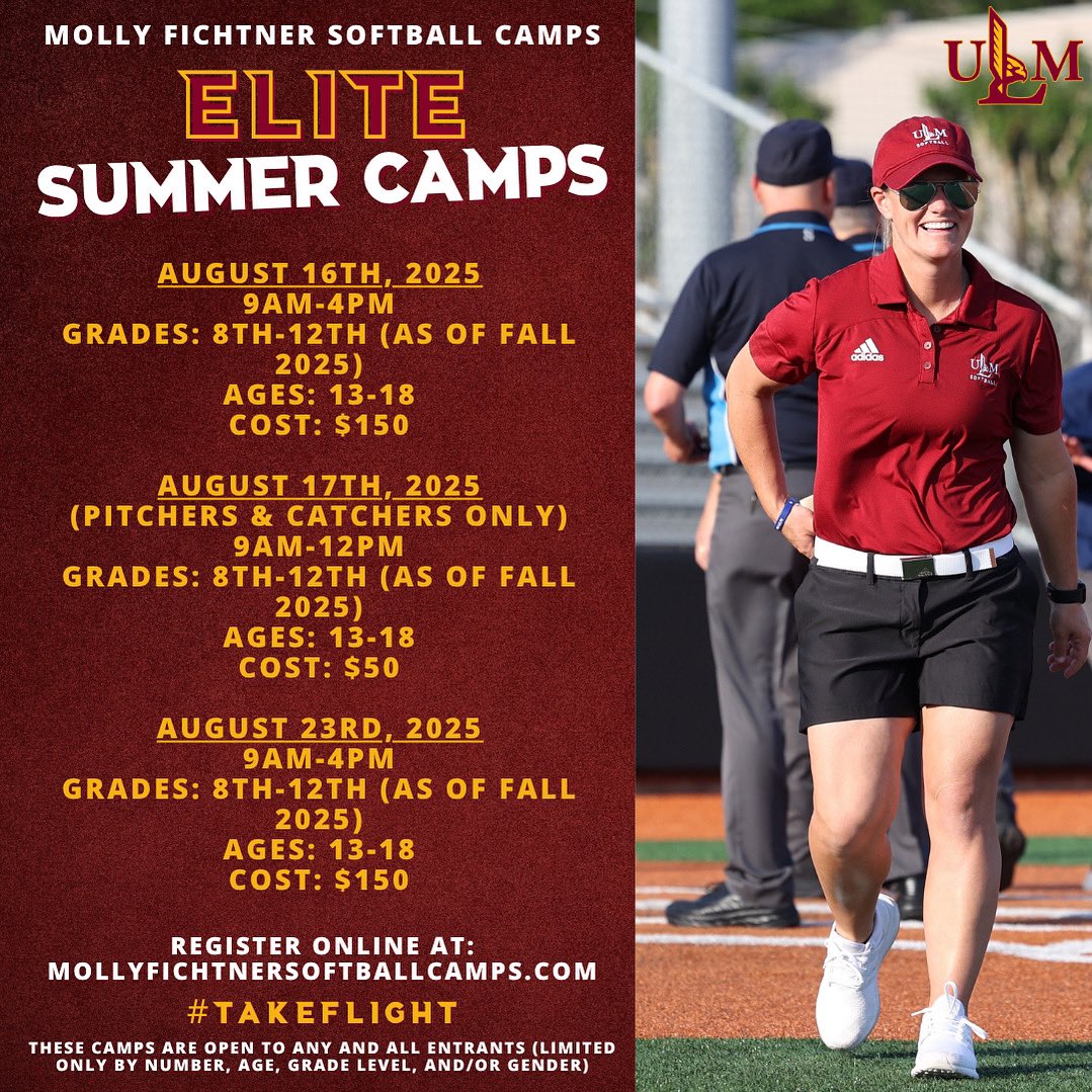 We are a few weeks away from our final camps of the summer! Spots are filling up  - don’t miss this opportunity to work with the coaching staff and check out the Bayou! Use the link to sign up today ➡️ mollyfichtnersoftballcamps.com