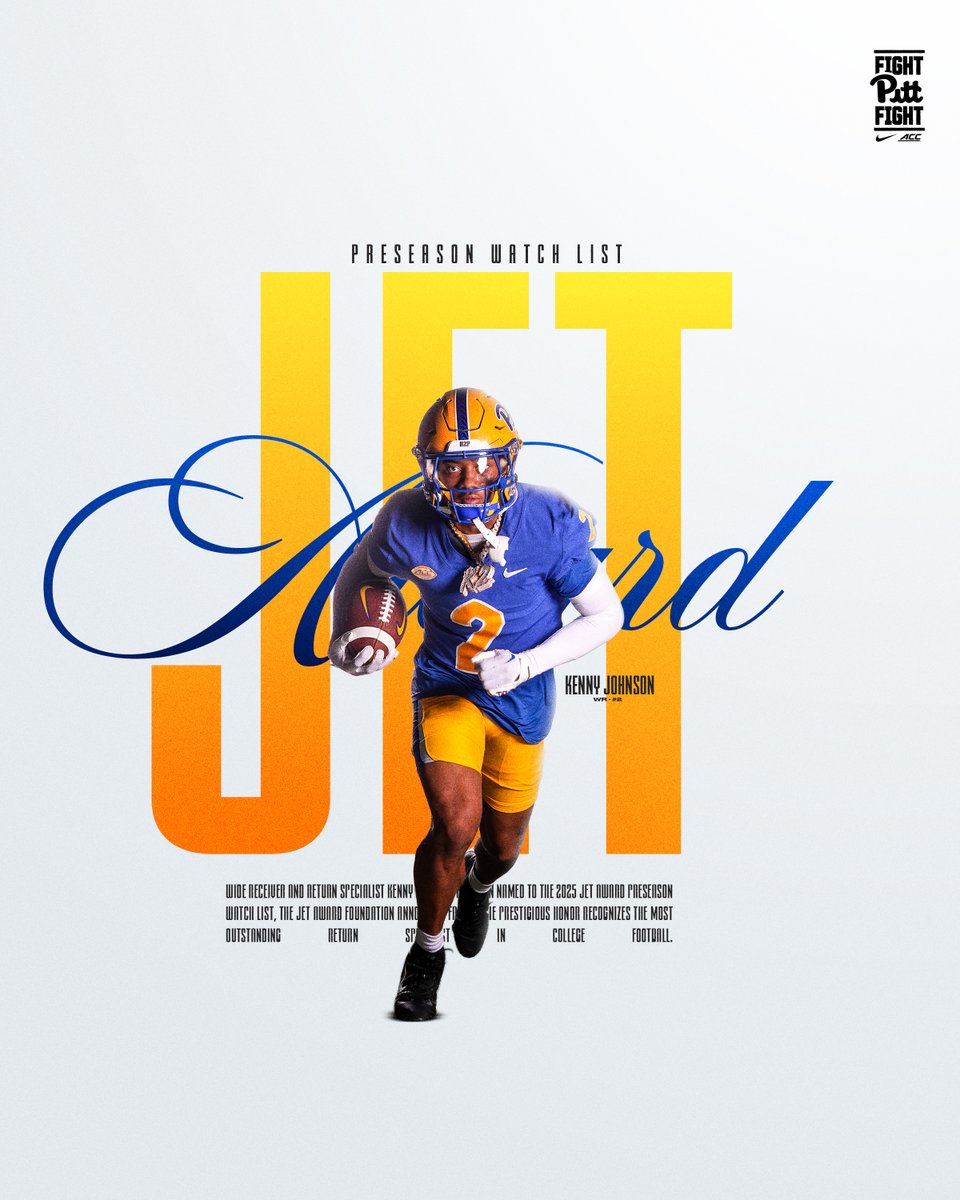 Pitt Football (@pitt_fb) on Twitter photo Jet Award 🏆 Watch List
Kenny Johnson » <a href="/Kennyjohnson05/">Kenny Johnson</a>
☑️ Awarded to the Nation's Most Outstanding Return Specialist
#H2P » <a href="/JetAward/">The Jet Award</a> Jet Award 🏆 Watch List
Kenny Johnson » <a href="/Kennyjohnson05/">Kenny Johnson</a>
☑️ Awarded to the Nation's Most Outstanding Return Specialist
#H2P » <a href="/JetAward/">The Jet Award</a>