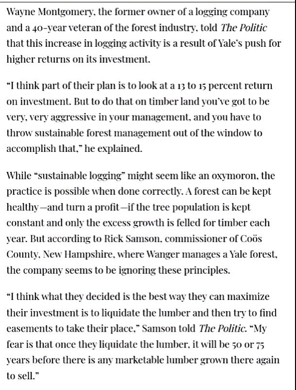 PA13Baker's tweet image. Are you looking at this with a purely investment &quot;eye&quot;?
Yale&apos;s investments have yielded positive financial returns, but there&apos;s a lot of concern about their short &amp;amp; long term environmental &amp;amp; economic impact.
#clearcutting 
#SustainableLogging 🤔 
thepolitic.org/when-a-tree-fa…
