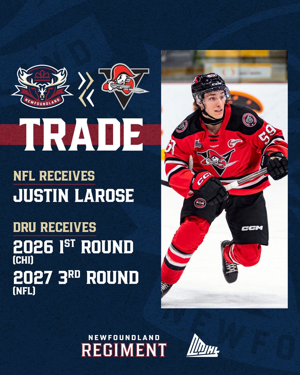 Newfoundland Regiment (@nlregiment) on Twitter photo 🚨 TRADE 🚨
We have acquired forward Justin Larose from the <a href="/VoltigeursDRU/">Voltigeurs de Drummondville</a> in exchange for a 2026 1st round pick (CHI) & a 2027 3rd round pick (NFL)
Welcome to the Regiment, Justin!
🗞️ chl.ca/lhjmq-regiment…
🎟️ nlregiment.com
Unite. Inspire. Defend 🚨 TRADE 🚨
We have acquired forward Justin Larose from the <a href="/VoltigeursDRU/">Voltigeurs de Drummondville</a> in exchange for a 2026 1st round pick (CHI) & a 2027 3rd round pick (NFL)
Welcome to the Regiment, Justin!
🗞️ chl.ca/lhjmq-regiment…
🎟️ nlregiment.com
Unite. Inspire. Defend