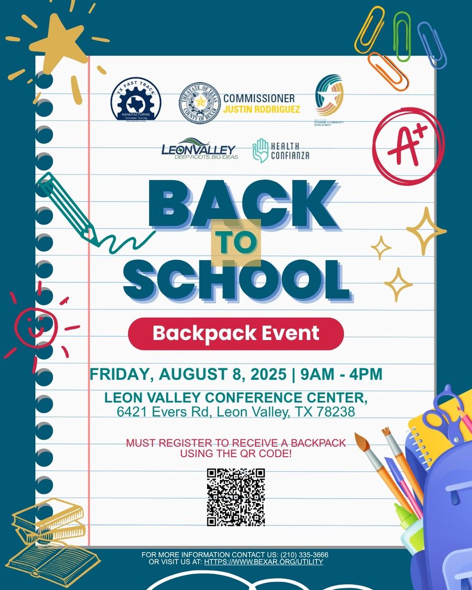 Bexar County Utility Assistance Program will be hosting a back-to-school and will be distributing backpacks for families living in Precinct 2 (Westside of San Antonio Area). Families wishing to receive backpack can register using the QR code.