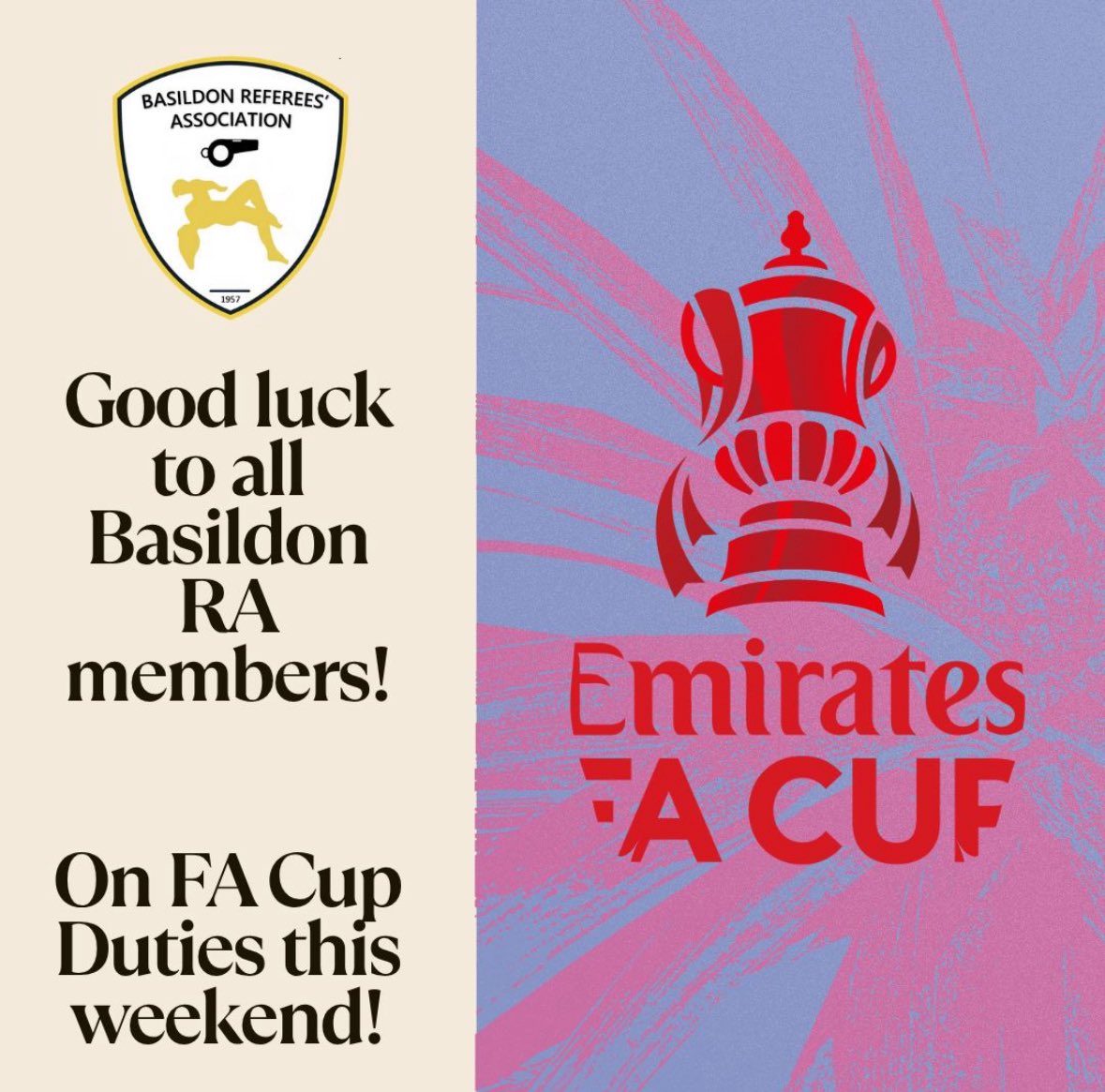 Basildon Referees Association (@basildonra) on Twitter photo The <a href="/EmiratesFACup/">Emirates FA Cup</a> kicks off this weekend.
A great moment for some of our members who are in action 👏 The <a href="/EmiratesFACup/">Emirates FA Cup</a> kicks off this weekend.
A great moment for some of our members who are in action 👏