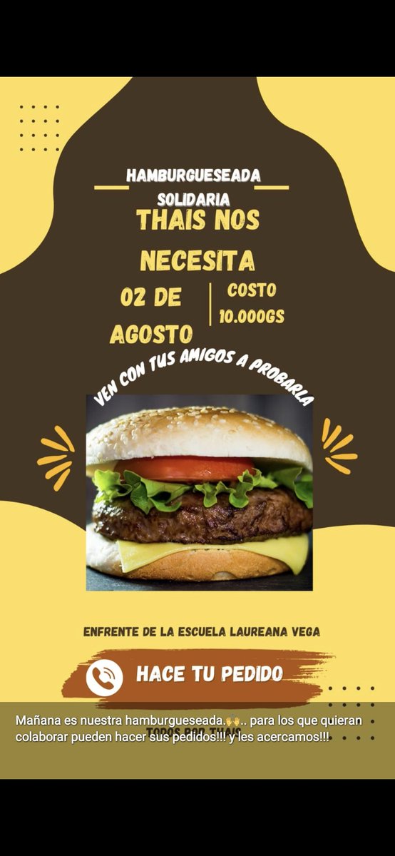 Mañana la Hamburgueseada frente de la escuela Srita laureana vega, itaugua 
, que sea lo que Dios quiera y se venda todo 🥺🙌