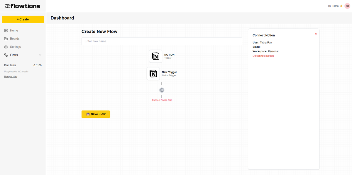 SoloSaasDev's tweet image. Connected Notion successfully inside Flowtions!
OAuth working.
Workspace + email pulled.
Triggers loading.
Feels good when all the pieces click. ⚡
Next: Save + run automations with ease.
Stay tuned 🚀
#buildinpublic #NotionAPI #SaaS #IndieDev #AutomationTools #NoCode #DevLife