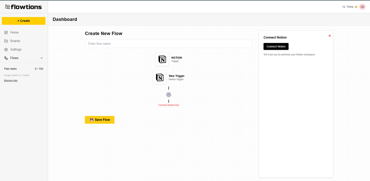 SoloSaasDev's tweet image. Connected Notion successfully inside Flowtions!
OAuth working.
Workspace + email pulled.
Triggers loading.
Feels good when all the pieces click. ⚡
Next: Save + run automations with ease.
Stay tuned 🚀
#buildinpublic #NotionAPI #SaaS #IndieDev #AutomationTools #NoCode #DevLife