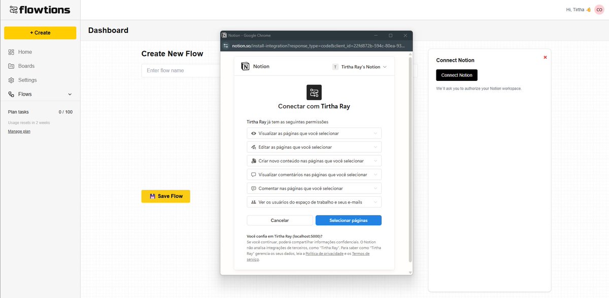 SoloSaasDev's tweet image. Connected Notion successfully inside Flowtions!
OAuth working.
Workspace + email pulled.
Triggers loading.
Feels good when all the pieces click. ⚡
Next: Save + run automations with ease.
Stay tuned 🚀
#buildinpublic #NotionAPI #SaaS #IndieDev #AutomationTools #NoCode #DevLife