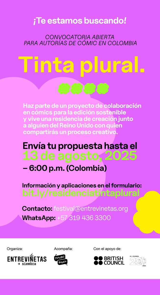 ✏️ ¿Haces cómic y te interesa el impacto ambiental y las artes?
✈️ Postúlate a esta residencia de creación entre Bogotá, Buenaventura, Cali.
🤝 Crea un cómic colaborativo y sostenible.
🗓️ Hasta el 13 de agosto.
👉 bit.ly/residenciatint…
#TintaPlural #ResidenciaCómic