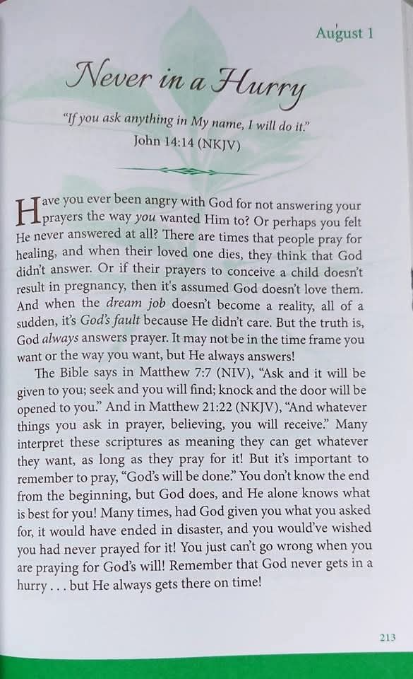 Godwakeupcall's tweet image. August 1
NEVER IN A HURRY
#KeyText: John 14:14
#By: Brenda Walsh 
#OneMinuteDailyDevotional