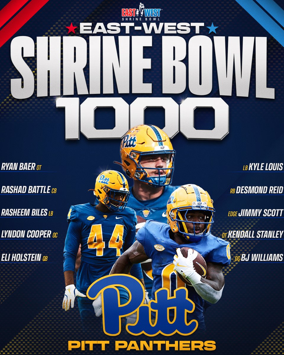 East-West Shrine Bowl (@shrinebowl) on Twitter photo Hail to Pitt ๐
๐ซ <a href="/RyanBaer2003/">Ryan Baer</a>
๐ซ <a href="/RashadBattle15/">Rashad Battle</a>
๐ซ <a href="/Rasheembiles/">Rasheem โThe dreamโ Biles ๐ฆ</a>
๐ซ <a href="/LyndonCooper5/">Coop</a>
๐ซ <a href="/eli_holstein10/">Eli Holstein</a>
๐ซ <a href="/K_009r/">Kyle Louisโน๐ฆ</a>
๐ซ <a href="/fastboidez/">Desmond Reid</a>
๐ซ <a href="/jimmybearscott1/">Jimmy Scott</a>
๐ซ <a href="/KStanley66/">Kendall Stanley</a>
๐ซ <a href="/CeoBrianJr/">Bj Williams</a>
#ShrineBowl1000 | <a href="/Pitt_FB/">Pitt Football</a>
Full list: shrinebowl.com/shrine-bowl-10โฆ Hail to Pitt ๐
๐ซ <a href="/RyanBaer2003/">Ryan Baer</a>
๐ซ <a href="/RashadBattle15/">Rashad Battle</a>
๐ซ <a href="/Rasheembiles/">Rasheem โThe dreamโ Biles ๐ฆ</a>
๐ซ <a href="/LyndonCooper5/">Coop</a>
๐ซ <a href="/eli_holstein10/">Eli Holstein</a>
๐ซ <a href="/K_009r/">Kyle Louisโน๐ฆ</a>
๐ซ <a href="/fastboidez/">Desmond Reid</a>
๐ซ <a href="/jimmybearscott1/">Jimmy Scott</a>
๐ซ <a href="/KStanley66/">Kendall Stanley</a>
๐ซ <a href="/CeoBrianJr/">Bj Williams</a>
#ShrineBowl1000 | <a href="/Pitt_FB/">Pitt Football</a>
Full list: shrinebowl.com/shrine-bowl-10โฆ