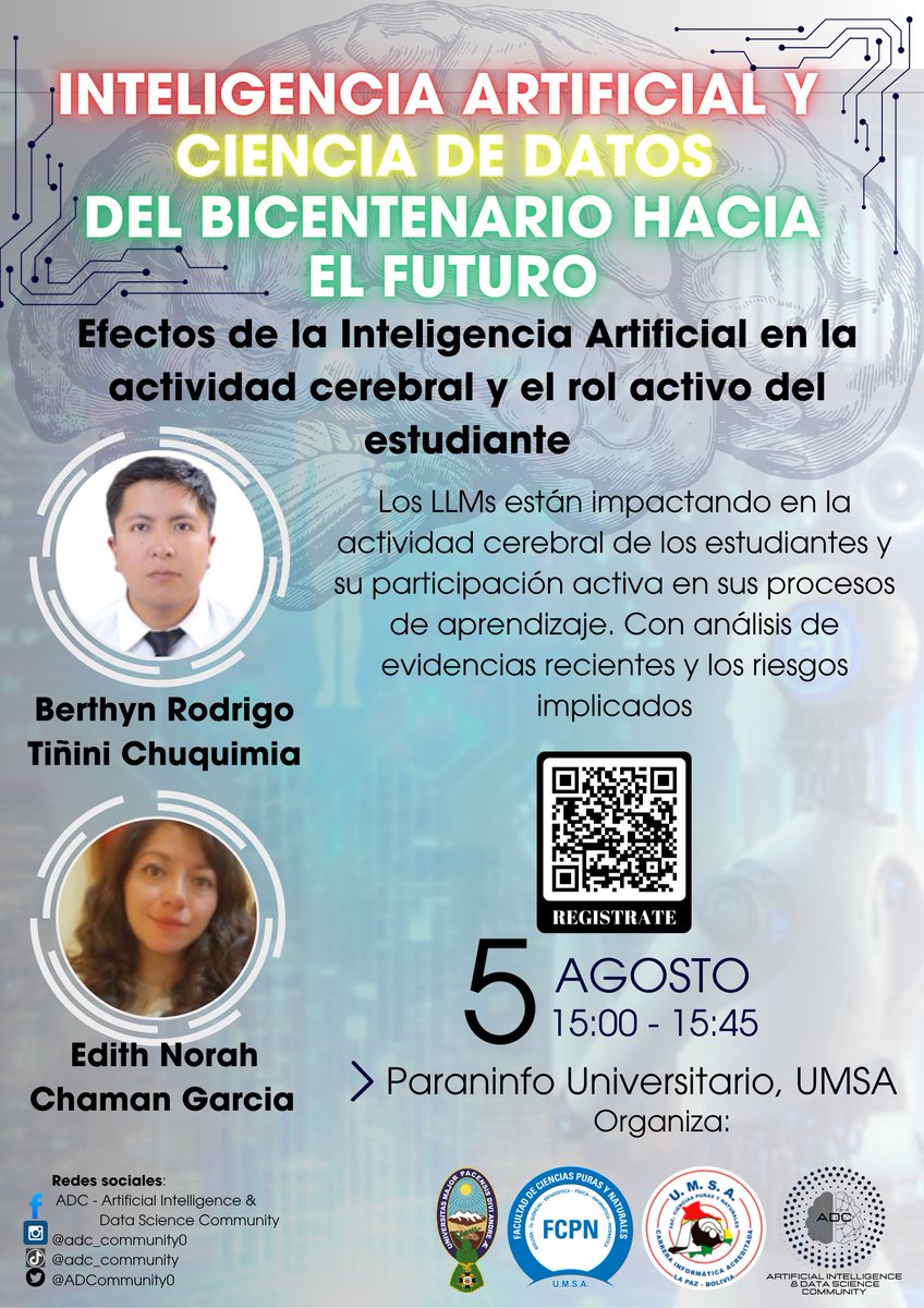 ADCommunity0's tweet photo. Presentamos a nuestros ponentes del primer día
📷 *¿Quiénes participan?* Investigadores, docentes, comunidades tecnológicas y estudiantes apasionados por la IA y la Ciencia de Datos.
📷 *Fechas y lugares:*
📷 5 de agosto – Paraninfo Universitario
📷 Horario: 14:00 a 18:00 https://t.co/zIGy490Dad
