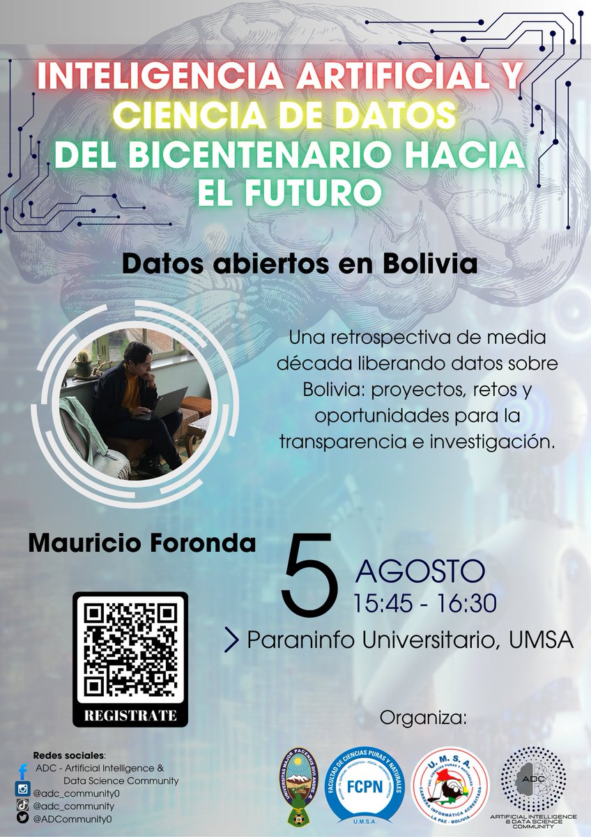 ADCommunity0's tweet photo. Presentamos a nuestros ponentes del primer día
📷 *¿Quiénes participan?* Investigadores, docentes, comunidades tecnológicas y estudiantes apasionados por la IA y la Ciencia de Datos.
📷 *Fechas y lugares:*
📷 5 de agosto – Paraninfo Universitario
📷 Horario: 14:00 a 18:00 https://t.co/zIGy490Dad