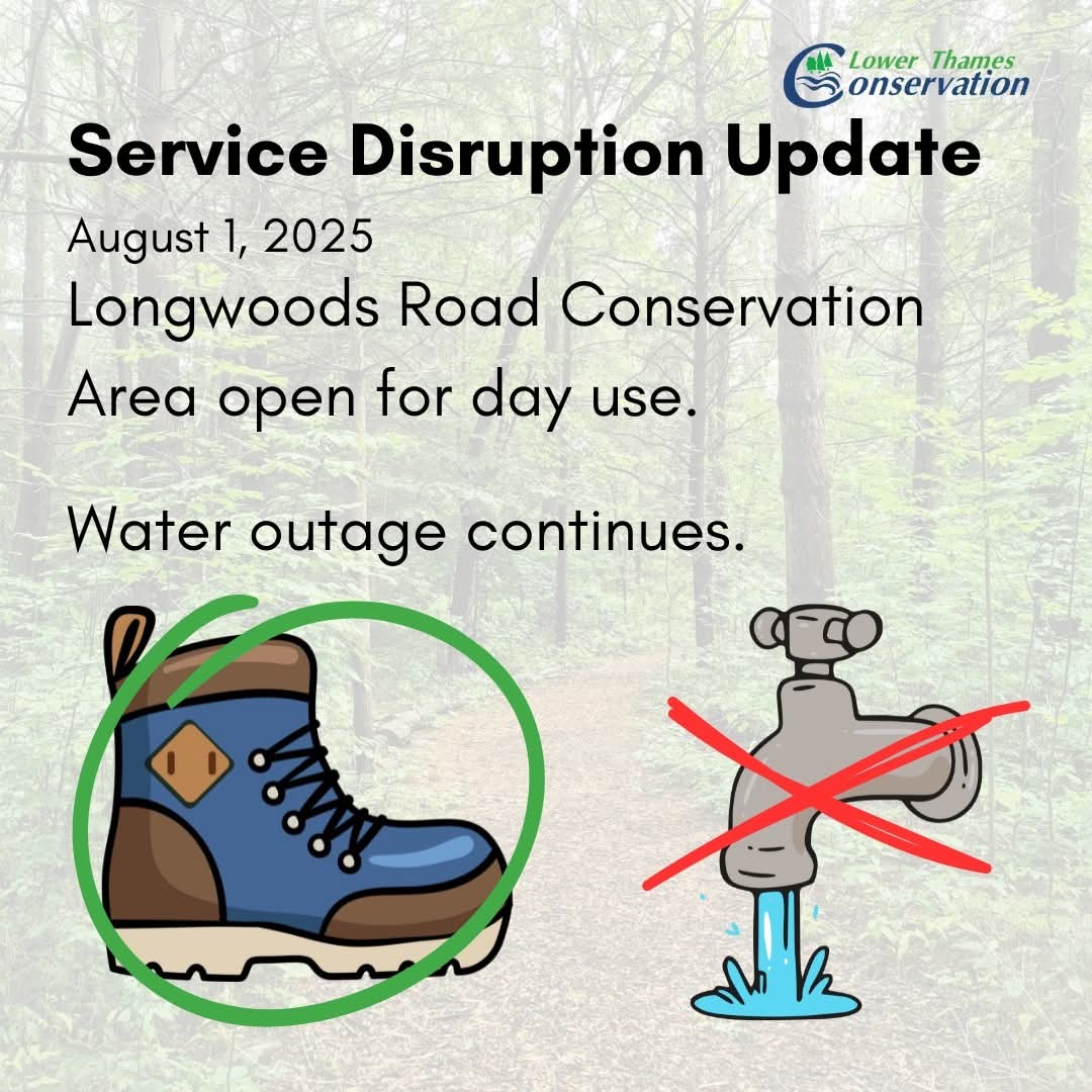 Service Disruption Update
August 1, 2025
While Longwoods Road Conservation Area and Ska-Nah-Doht Village are open to the public, it remains without water. Visitors are able to make use of the trails but there will be no washroom or potable water access on site.