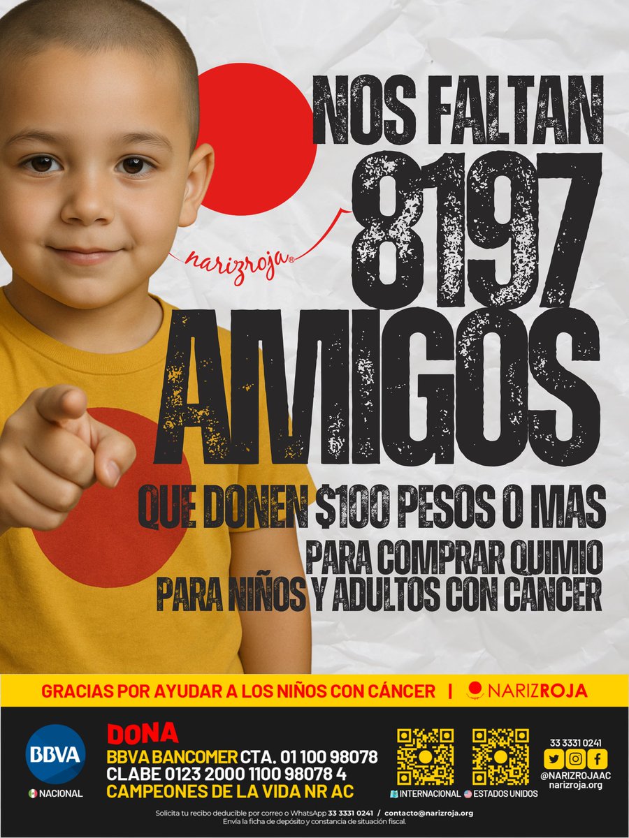 #AlMomento llevamos reunidos $180,300 pesos para medicamento 
Nos faltan 8197 amigos que donen $100 pesos o más 

 🇲🇽 BBVA  Cuenta: 0110098078 Clabe:  012320001100980784  Campeones de la vida NR AC         
🇺🇸 narizroja.org/l/usa                      
🌍