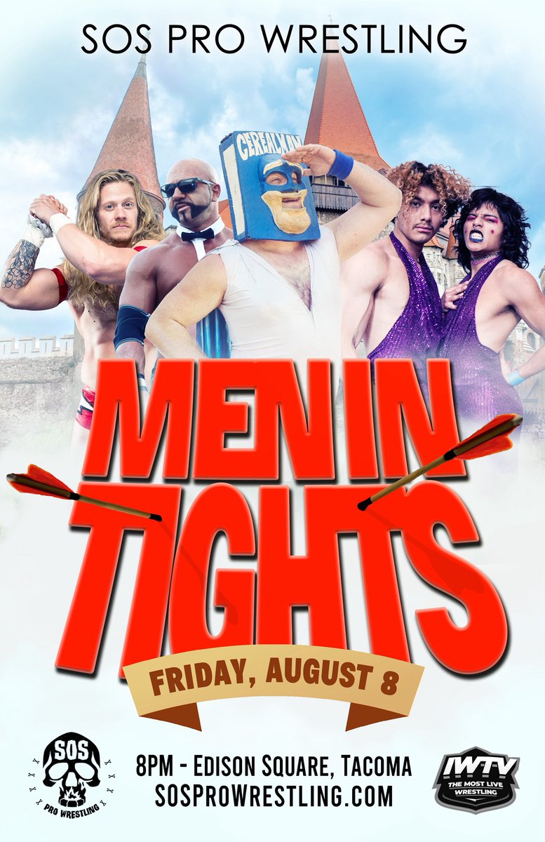 SOS Pro Wrestling (@sosprowrestling) on Twitter photo Men in Tights 🏹 Next Fri 8.8
- <a href="/ElCerealMan/">Saul Cerealman</a> debuts 🏹
- Platonic Romance debuts 🏹
- <a href="/TheJordanOasis/">Jordan Oasis | WWE ID PROSPECT</a> challenges for the SOS Pro Wrestling Championship 🏹
Tacoma // IWTV Men in Tights 🏹 Next Fri 8.8
- <a href="/ElCerealMan/">Saul Cerealman</a> debuts 🏹
- Platonic Romance debuts 🏹
- <a href="/TheJordanOasis/">Jordan Oasis | WWE ID PROSPECT</a> challenges for the SOS Pro Wrestling Championship 🏹
Tacoma // IWTV