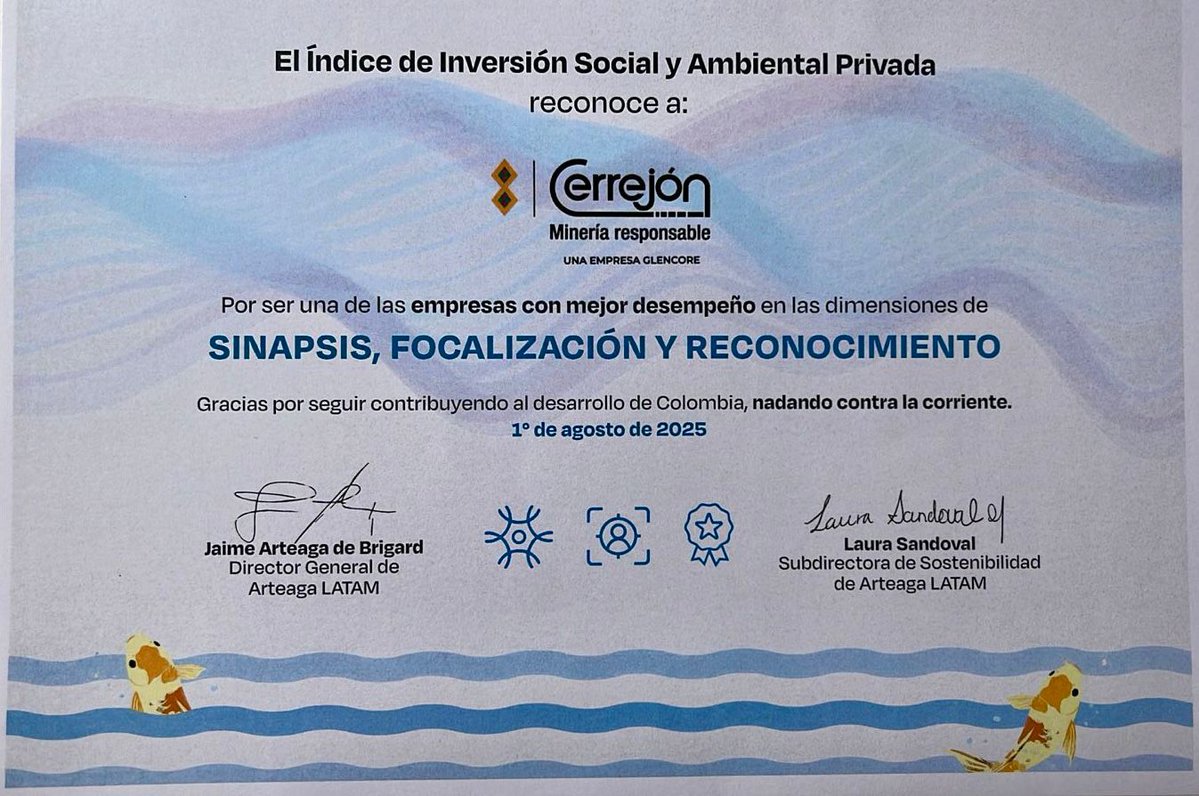 Cerrejon Colombia (@cerrejoncol) on Twitter photo 👷♀️👷🏼💛✨ ¡Hoy celebramos un gran logro! En la Cumbre de Inversión Social y Ambiental Privada liderada por <a href="/Arteaga_Latam/">Arteaga Latam | Sinapsis para el Desarrollo</a> fuimos reconocidos en la categoría de las empresas Muy Superior 🏆 en tres dimensiones clave:
🔹 Sinapsis: por ser una de las empresas más reconocidas por 👷♀️👷🏼💛✨ ¡Hoy celebramos un gran logro! En la Cumbre de Inversión Social y Ambiental Privada liderada por <a href="/Arteaga_Latam/">Arteaga Latam | Sinapsis para el Desarrollo</a> fuimos reconocidos en la categoría de las empresas Muy Superior 🏆 en tres dimensiones clave:
🔹 Sinapsis: por ser una de las empresas más reconocidas por