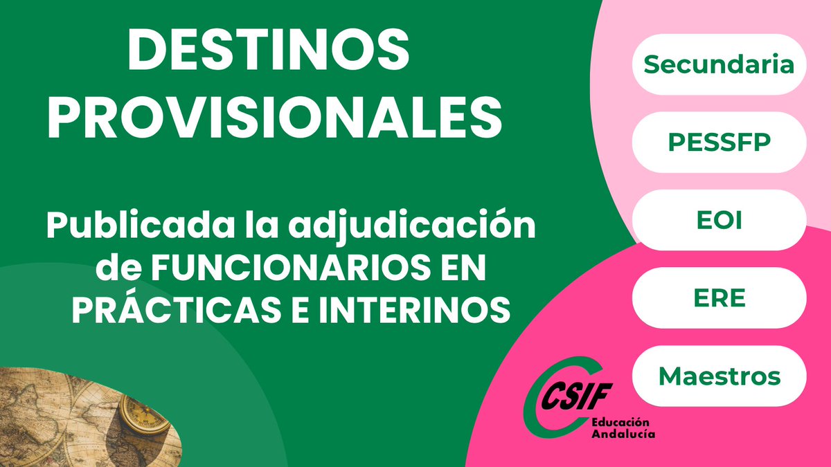 🚩 Colocación de Efectivos: Destinos Provisionales de los Cuerpos de Maestros, secundaria, PESFP, EOIs y EREs

💼💼 La Consejería ha publicado la Colocación de Efectivos para los Cuerpos de maestros, secundaria, PESFP, EOIs y EREs de funcionarios en prácticas, interinos y