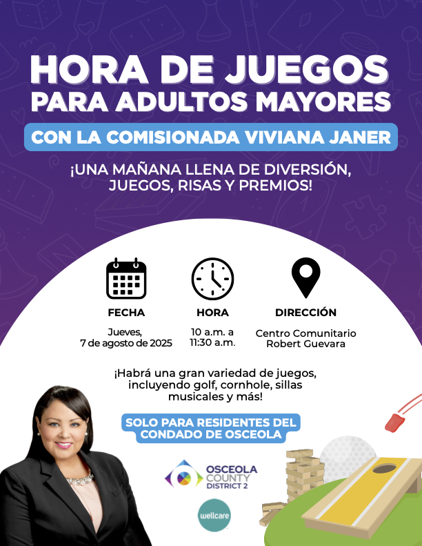🕹 Osceola Seniors: Who’s ready for some friendly competition? 🕹

Join Commissioner Viviana Janer (D2) for a morning of fun, laughter, and friendly competition.

📍 Robert Guevara Community Center
📅 Thursday, August 7 | 10–11:30 a.m.
👥 Open to Osceola County residents only