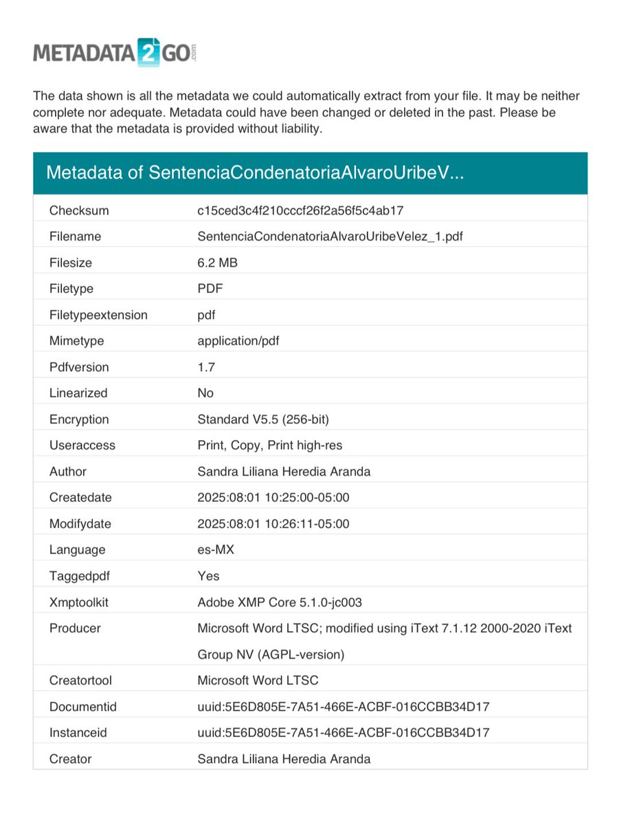 Tomas Uribe Moreno (@tomasuribeeco) on Twitter photo Pido ayuda al activismo ciudadano para ejercer vigilancia e investigar autoría de la sentencia.
El archivo de la sentencia contra <a href="/AlvaroUribeVel/">Álvaro Uribe Vélez</a> NO es el original. Los metadatos muestran que solo transcurrió un minuto y 11 segundos entre creación y edición. Es imposible que la Pido ayuda al activismo ciudadano para ejercer vigilancia e investigar autoría de la sentencia.
El archivo de la sentencia contra <a href="/AlvaroUribeVel/">Álvaro Uribe Vélez</a> NO es el original. Los metadatos muestran que solo transcurrió un minuto y 11 segundos entre creación y edición. Es imposible que la