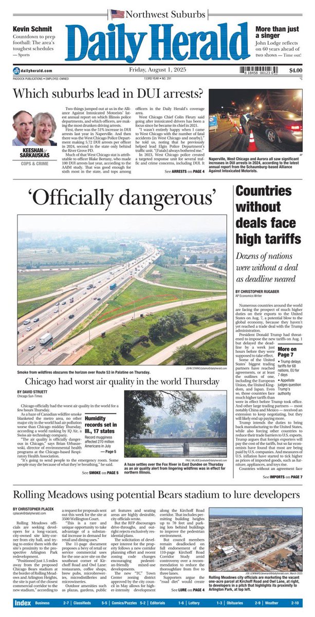 Chris Placek (@chrisplacek) on Twitter photo The Bears’ Arlington Park property off in the distance on the <a href="/dailyherald/">Daily Herald</a> cover twice today …
Photo of the wildfire smoke, and with my story about Rolling Meadows officials using the proximity of a potential stadium to entice developers.
dailyherald.com/20250801/busin… The Bears’ Arlington Park property off in the distance on the <a href="/dailyherald/">Daily Herald</a> cover twice today …
Photo of the wildfire smoke, and with my story about Rolling Meadows officials using the proximity of a potential stadium to entice developers.
dailyherald.com/20250801/busin…