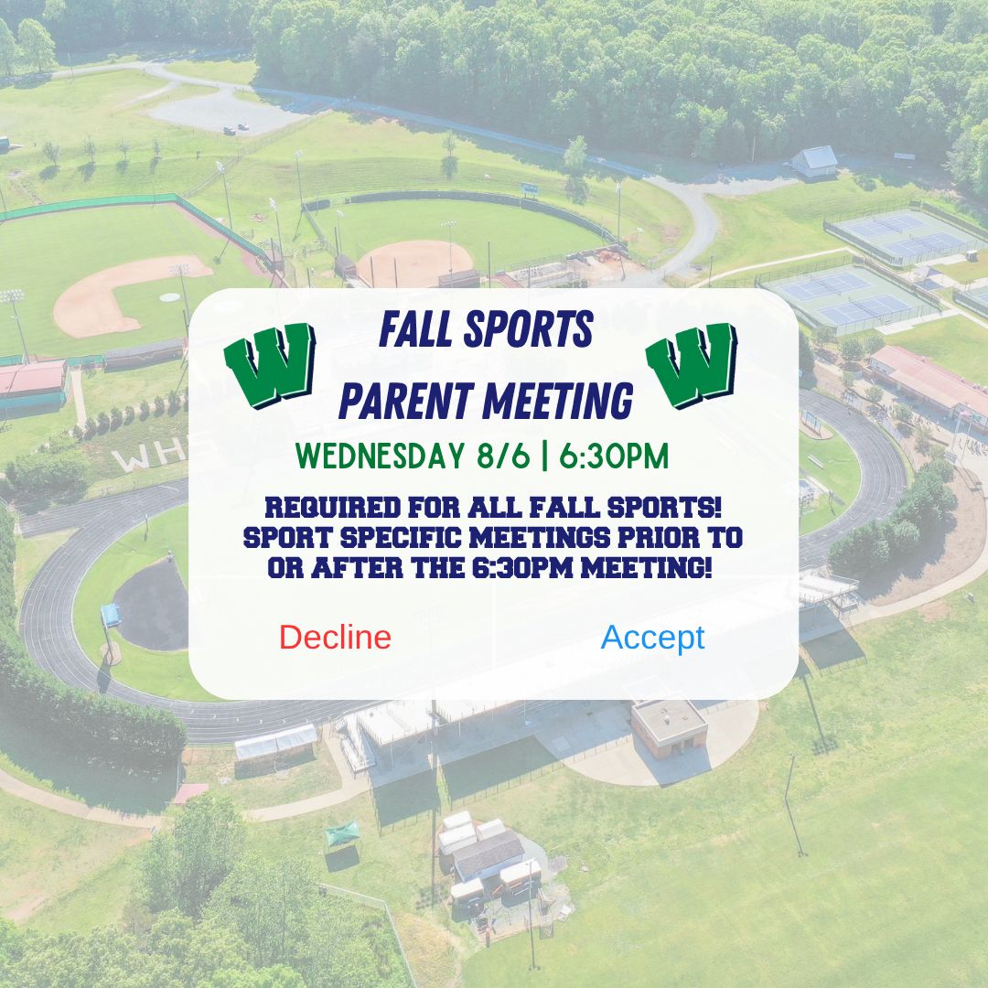 Weddington Athletics (@whswarriors) on Twitter photo We will host our fall sports parent meeting on Wednesday August 6th at 6:30pm! We will start off in the auditorium and then have separate team break outs before or after. More info will be sent by your coach!
<a href="/AGHoulihan/">Andrew G. Houlihan</a> <a href="/UCPSNC/">Union County Public Schools</a> <a href="/UCPSNCAthletics/">UCPS NC Athletics</a> <a href="/WeddingtonHSNC/">Weddington High School</a> We will host our fall sports parent meeting on Wednesday August 6th at 6:30pm! We will start off in the auditorium and then have separate team break outs before or after. More info will be sent by your coach!
<a href="/AGHoulihan/">Andrew G. Houlihan</a> <a href="/UCPSNC/">Union County Public Schools</a> <a href="/UCPSNCAthletics/">UCPS NC Athletics</a> <a href="/WeddingtonHSNC/">Weddington High School</a>