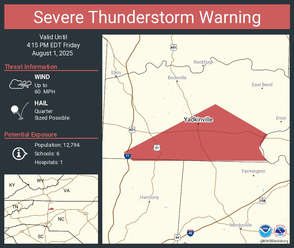 Severe Thunderstorm Warning including Yadkinville NC until 4:15 PM EDT