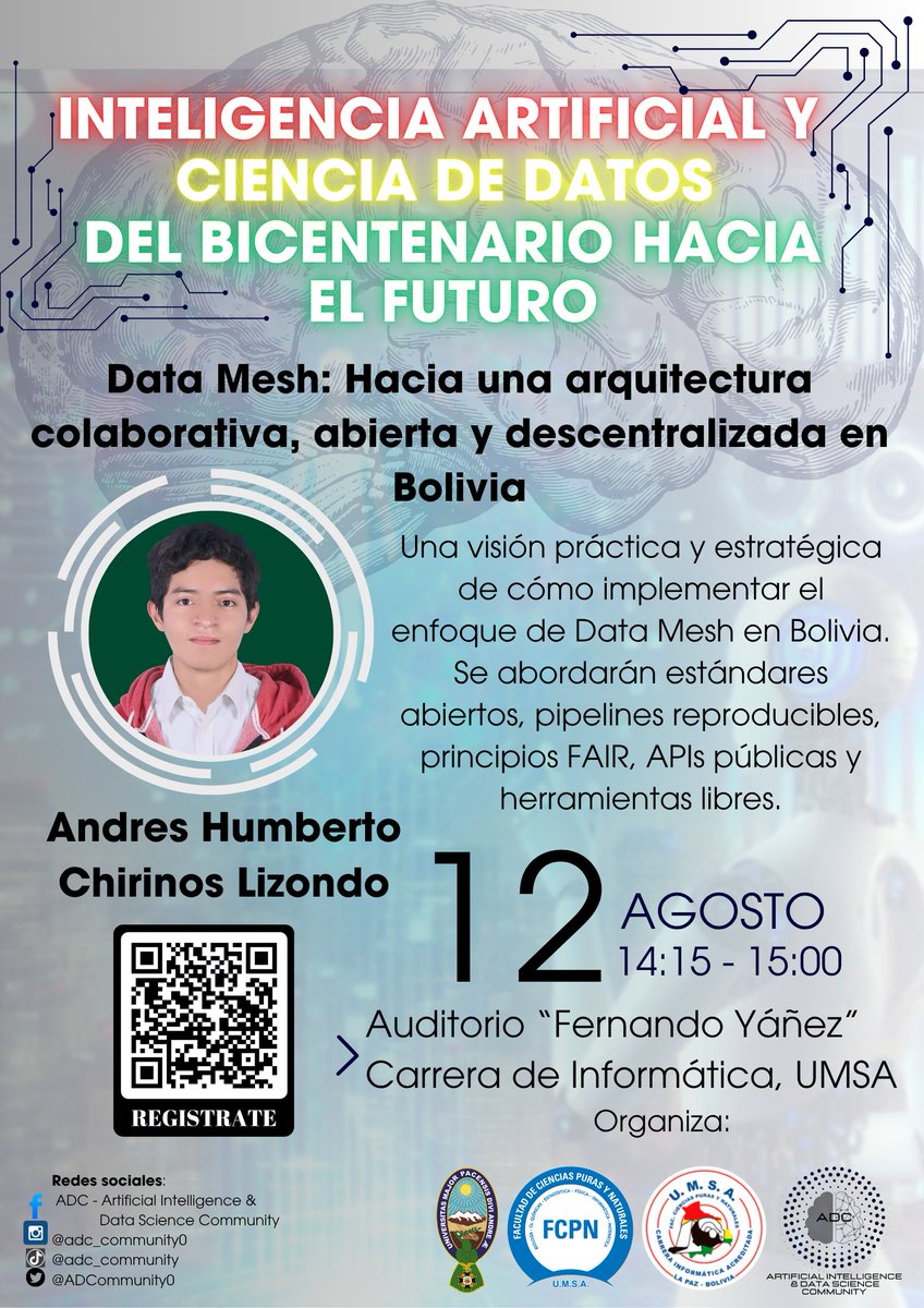 ADCommunity0's tweet photo. Presentamos a nuestros ponentes del día 3 
🧑‍🏫 ¿Quiénes participan? Investigadores, docentes, comunidades tecnológicas y estudiantes apasionados por la IA y la Ciencia de Datos
📍 12 de agosto – Auditorio Fernando Yañez Carrera de Informatica Piso 6 UMSA 
🕒 Horario: 14:00 a 18:00 https://t.co/Wq8UjDQede