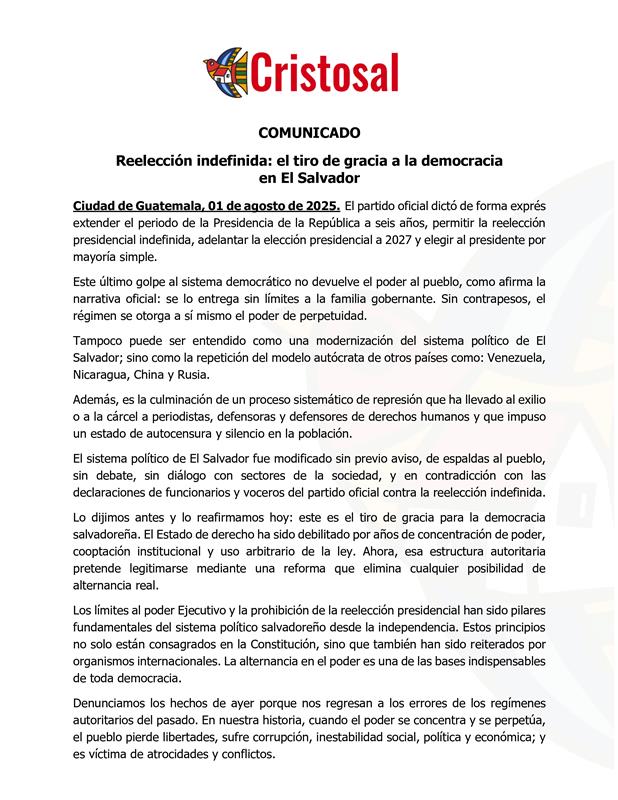 FOCOS (@focostv) on Twitter photo 馃敶 <a href="/Cristosal/">Cristosal</a> advierte que la reelecci贸n indefinida aprobada por la <a href="/AsambleaSV/">Asamblea Legislativa 馃嚫馃嚮</a> es "el tiro de gracia a la democracia en El Salvador".
La reforma aprobada por la <a href="/AsambleaSV/">Asamblea Legislativa 馃嚫馃嚮</a> "no devuelve el poder al pueblo", sino que "lo entrega sin l铆mites a la familia gobernante". 馃憞 馃敶 <a href="/Cristosal/">Cristosal</a> advierte que la reelecci贸n indefinida aprobada por la <a href="/AsambleaSV/">Asamblea Legislativa 馃嚫馃嚮</a> es "el tiro de gracia a la democracia en El Salvador".
La reforma aprobada por la <a href="/AsambleaSV/">Asamblea Legislativa 馃嚫馃嚮</a> "no devuelve el poder al pueblo", sino que "lo entrega sin l铆mites a la familia gobernante". 馃憞